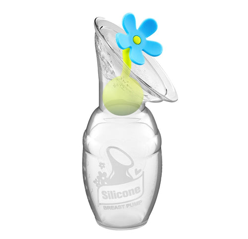 Haakaa Gen 1 Silicone Breast Pump 4 oz with Silicone Flower Stopper, angle view, ideal for breastfeeding moms.