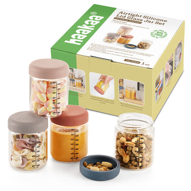 Haakaa Sealed Glass Storage Jar Set - 4 x 7 oz jars for baby food storage and on-the-go convenience.