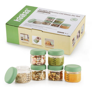 Haakaa Sealed Glass Storage Jar Set - 6 x 4 oz jars for baby food storage and on-the-go convenience.