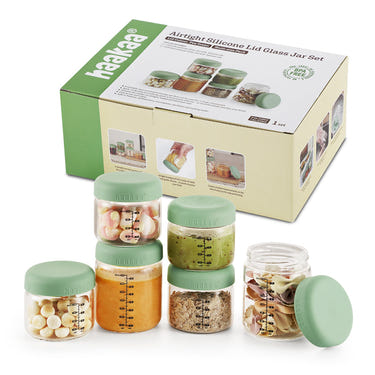 Haakaa Sealed Glass Storage Jar Set - 4 x 4oz & 2 x 7oz jars for baby food storage & on-the-go convenience.