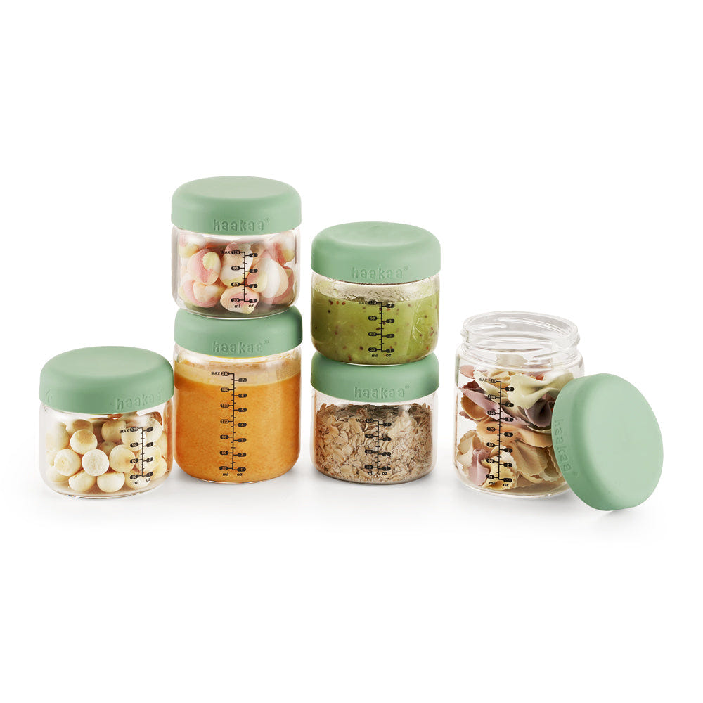 Haakaa Sealed Glass Storage Jar Set - 6 x 4 oz jars for baby food storage and on-the-go convenience.