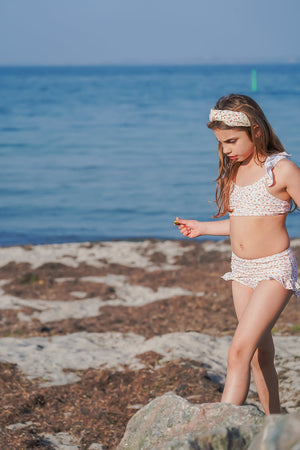 Ruffle 2 Piece Bikini in Sunset Meadow, UPF protected and made from recycled materials, perfect for baby swimwear.