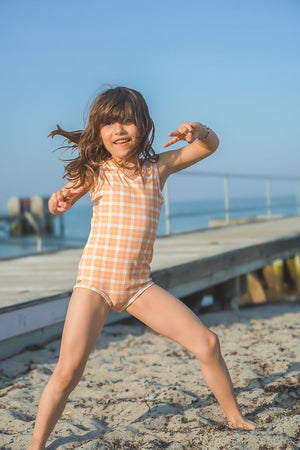 Sweetheart 1 Piece Swimsuit in Buckwheat Plaid, UPF protected, eco-friendly design, shown from angle 2.