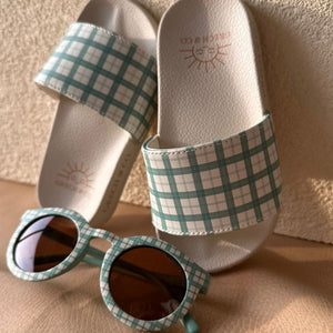 Fern plaid slide sandals for babies, showcasing a stylish angle 7 view. Perfect for summer footwear!