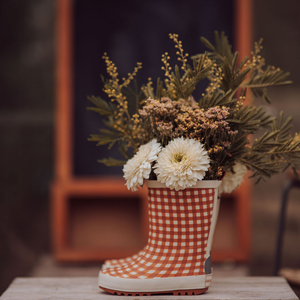 Classic Sienna Gingham rain boots for babies, angled view showcasing stylish and functional design.