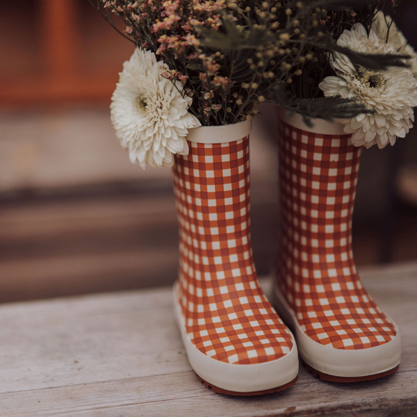 Classic Sienna Gingham rain boots for babies, angled view showcasing stylish design and vibrant colors.