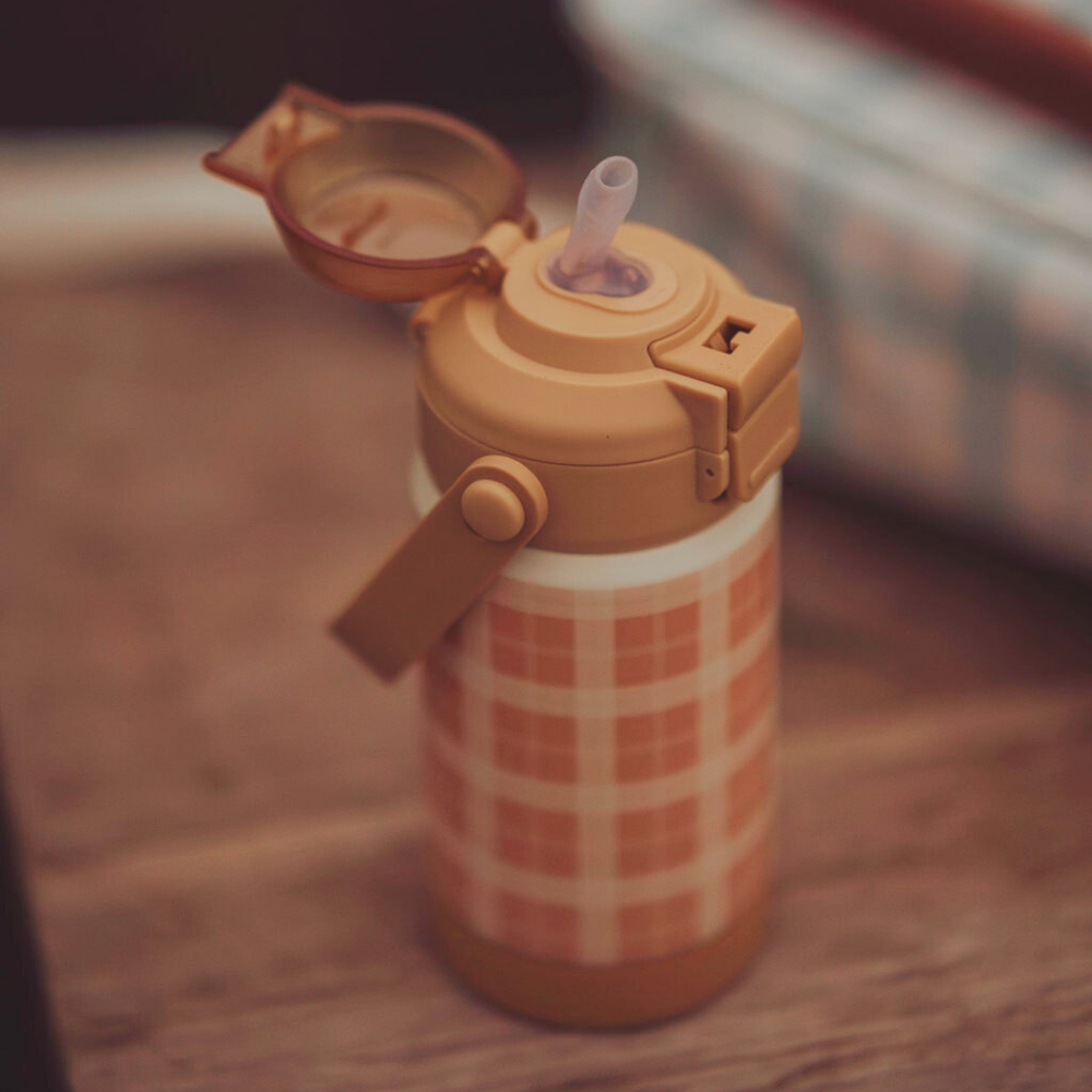 Sip + Chug 2 in 1 Thermo Water Bottle 12 oz. in Buckwheat Plaid, perfect for keeping drinks warm or cold for babies.