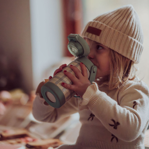 Sip + Chug 2 in 1 Thermo Water Bottle 12 oz. in Fern Plaid, angle view showcasing stylish design and functionality.