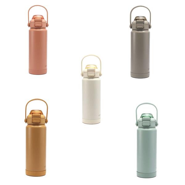 Sip + Chug 2 in 1 Thermo Water Bottle 24 oz in Buckwheat color, shown at angle 5, perfect for babies and toddlers.