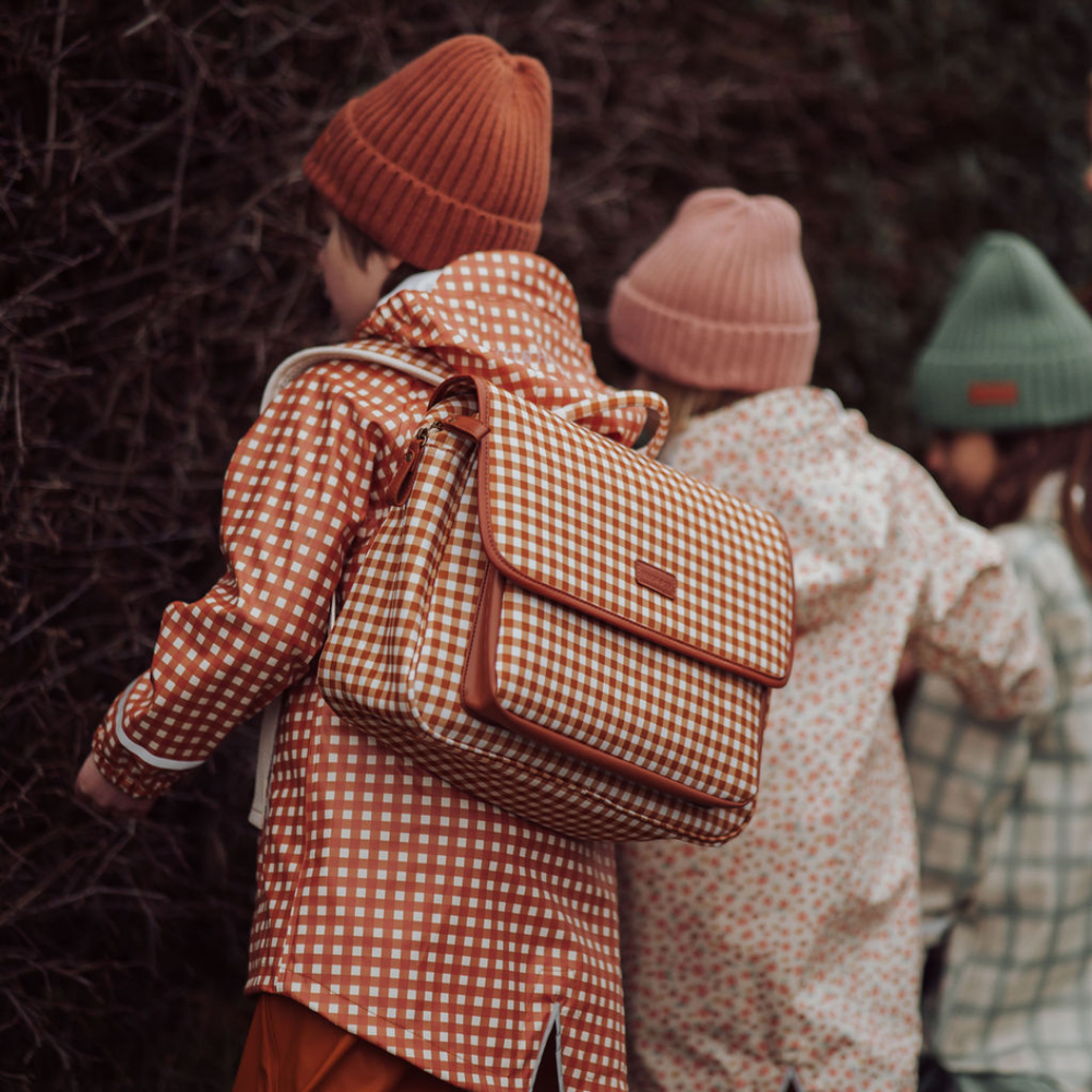 Sienna Gingham Satchel Backpack for babies - stylish and functional baby bag.