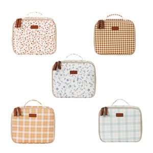 Insulated lunch bag in buckwheat plaid, shown from angle 3, perfect for keeping baby food fresh on the go.