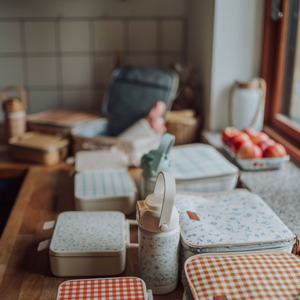3 Compartment Leakproof Lunchbox in Scandi Floral design, angled view showcasing its stylish and functional features.