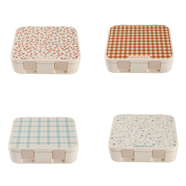 3 Compartment Leakproof Lunchbox in Scandi Floral design, angled view showcasing stylish and functional features.