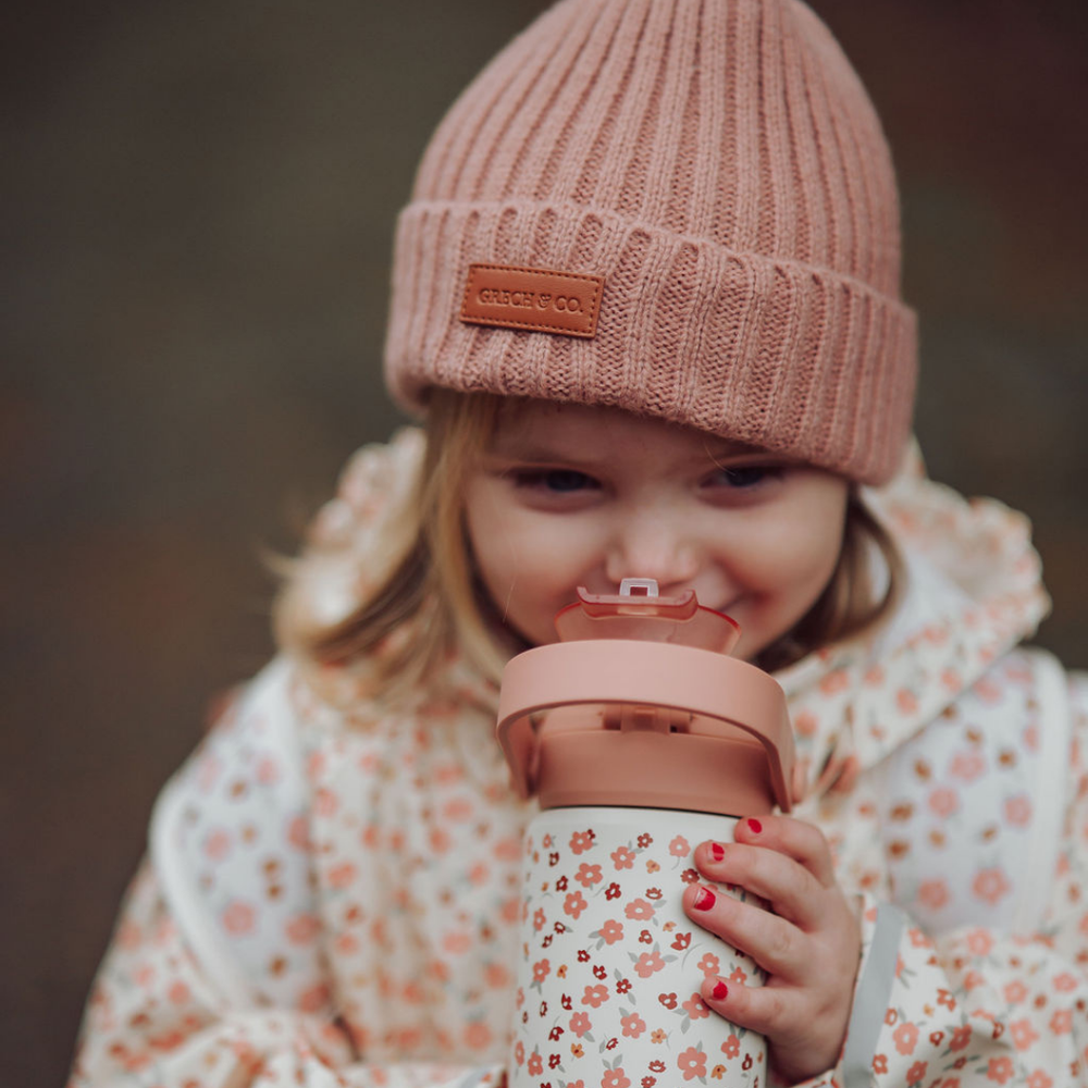 Knit Beanie Wide Rib in Sunset color, perfect for keeping your baby warm and stylish.