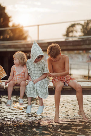 Fern Plaid baby swim shoes at angle 10, perfect for stylish summer water adventures.