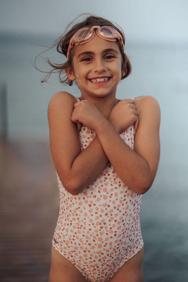 Sweetheart 1 Piece Swimsuit in Sunset Meadow, UPF protection, eco-friendly design, angle 3 view.