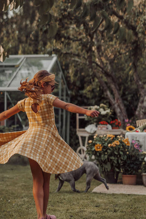 Sweetheart Twirl Dress in Buckwheat Plaid - Organic Cotton Jersey for babies, perfect for swimwear and summer fun.
