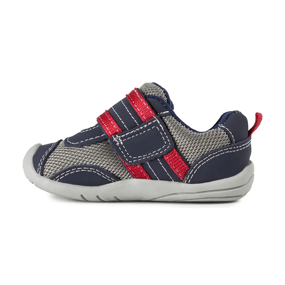 Adrian Originals® navy, grey, and red baby sneakers - stylish and comfortable footwear for little ones.
