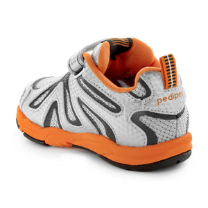 Orion Grip ‘n’ Go™ sneakers in silver and orange, angle 2 view, perfect for active babies.