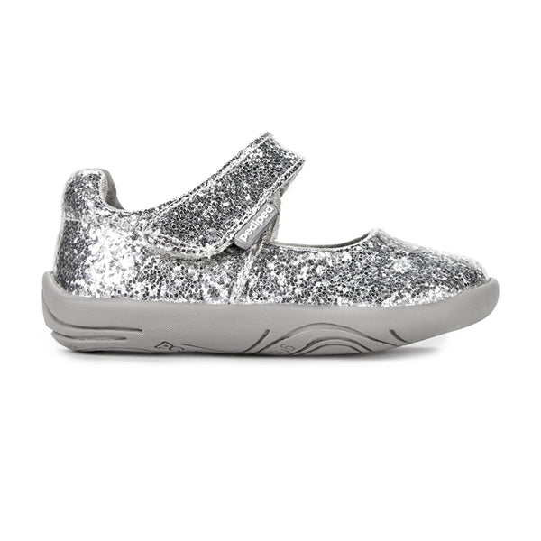 Delaney Grip ‘n’ Go™ Silver Mary Janes for babies, featuring a stylish design and comfortable fit.