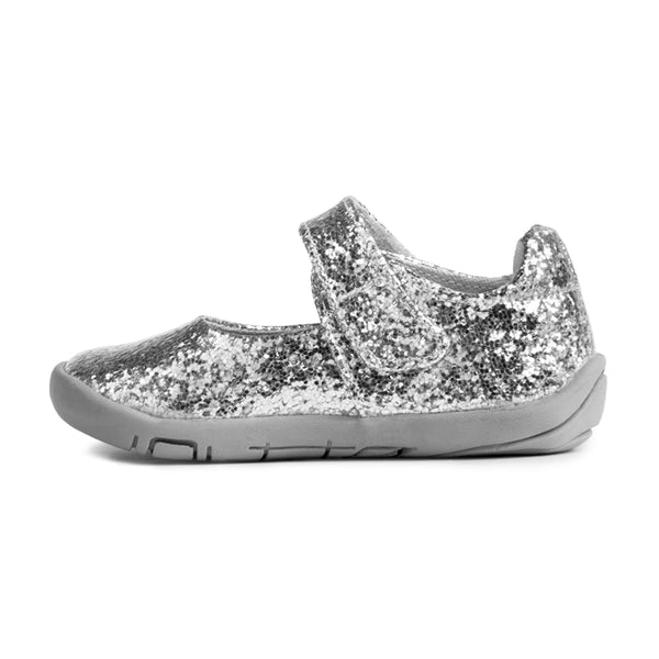 Delaney Grip ‘n’ Go™ Silver Mary Janes for babies, shown from angle 3, stylish and comfortable footwear.