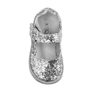Delaney Grip ‘n’ Go™ Silver Mary Janes for babies, stylish and comfortable, shown from angle 4.