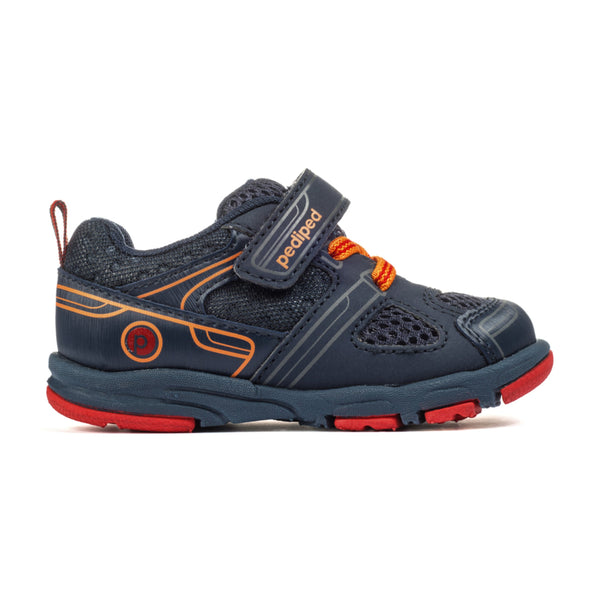Mars Grip ‘n’ Go™ sneakers in navy and orange, angle 2 view, perfect for active babies.