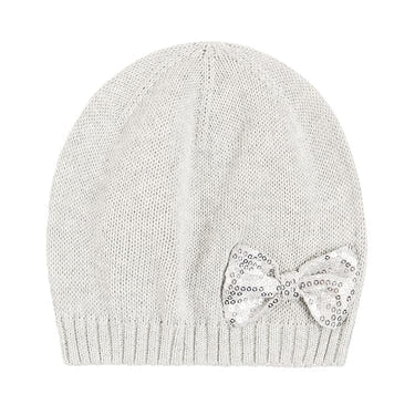 Gray knit girls hat with a stylish bowtie, perfect for keeping your little one warm and fashionable.