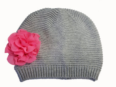 Gray knit beanie for girls with a flower embellishment, perfect for stylish warmth.