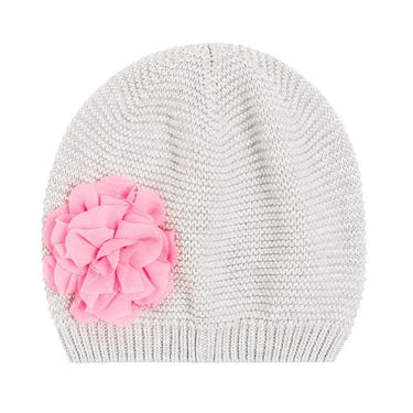 Gray knit beanie for girls with a salmon flower accent, perfect for stylish warmth.
