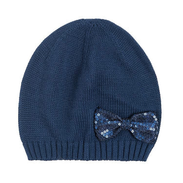 Navy knit beanie for girls with a cute bowtie detail, perfect for stylish warmth.