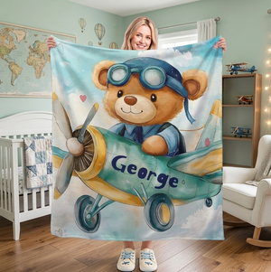 Personalised Teddy Bear Pilot Blanket | Custom Name Gift