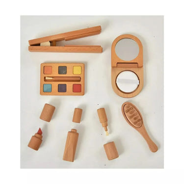 Avenlur 7-in-1 Wooden Kids Makeup Kit for toddlers, perfect for pretend play beauty fun indoors.