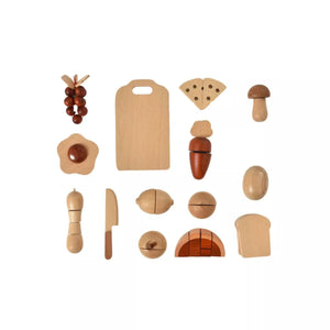 Wooden play food set for kids' kitchen, perfect for indoor imaginative play and learning.