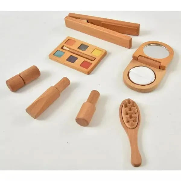 Avenlur 7-in-1 Wooden Kids Makeup Kit for toddlers, perfect for pretend play beauty fun indoors.