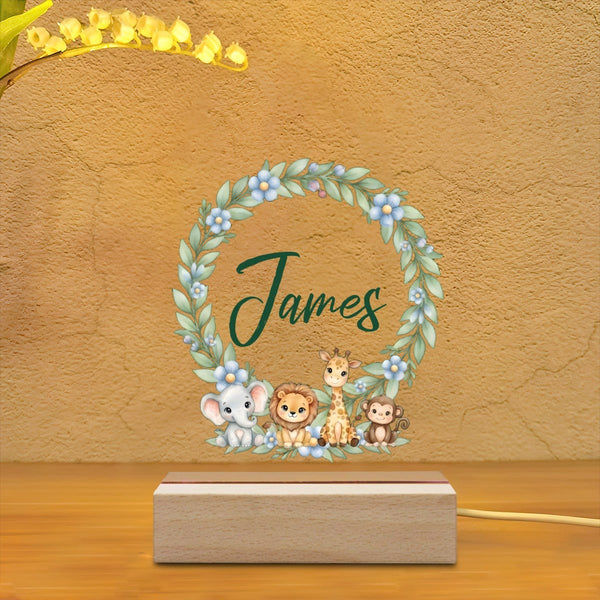 Personalized Baby Safari Night Light - Wooden Base