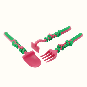 Set of 3 baby utensils in vibrant colors for toddler tableware, angled view showcasing ergonomic design.