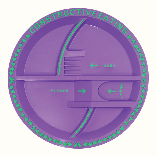 Baby utensil and plate combo set for easy feeding, designed for little hands and mealtime fun. Angle 6 view.