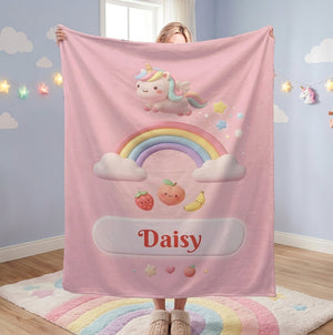 Personalized Unicorn Blanket | Custom Name | Pastel Rainbow Pink Fleece Throw Gift