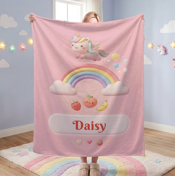 Personalized Unicorn Blanket | Custom Name | Pastel Rainbow Pink Fleece Throw Gift