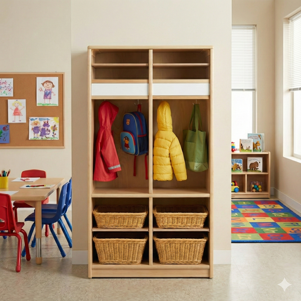 Double Preschool Cubbies for kids, featuring vibrant colors and playful designs, perfect for early childhood clothing.