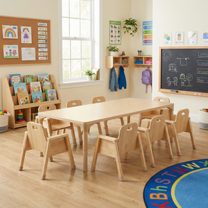 Adjustable kids table for toddlers, 13" to 17" height, perfect for preschool classroom activities. Angle view.
