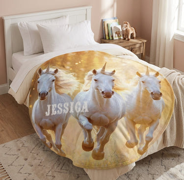 Personalized Round Unicorn Blanket | Custom Name | Three White Unicorns Golden Fantasy Throw Gift