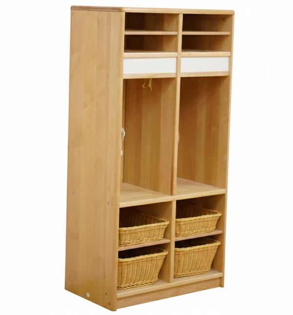 Double Preschool Cubbies in vibrant colors, perfect for toddlers' clothing and playtime.