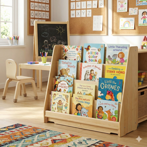 Wooden classroom bookshelf, 4-tier front-facing display, 32"H x 36.5"W x 14.5"D, perfect for organizing children's books.
