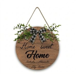 Home Sweet Home Round Wooden Sign — Personalized with Your Names - With Linen Lanyard, Bow & Branch