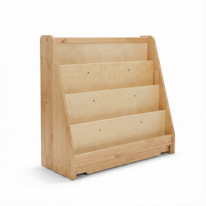 Wooden classroom bookshelf, 4-tier front-facing display, 32"H x 36.5"W x 14.5"D, perfect for organizing children's books.