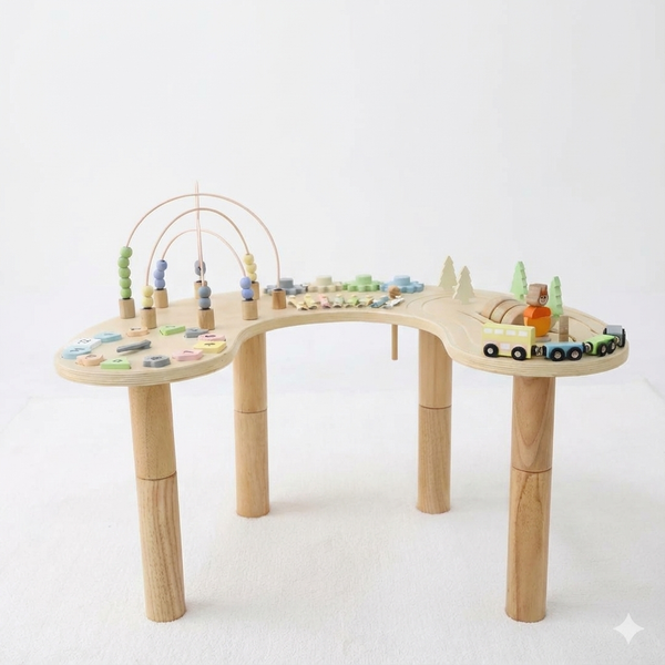Wooden multi-activity sensory play table for babies, featuring engaging textures and activities, shown at angle 7.