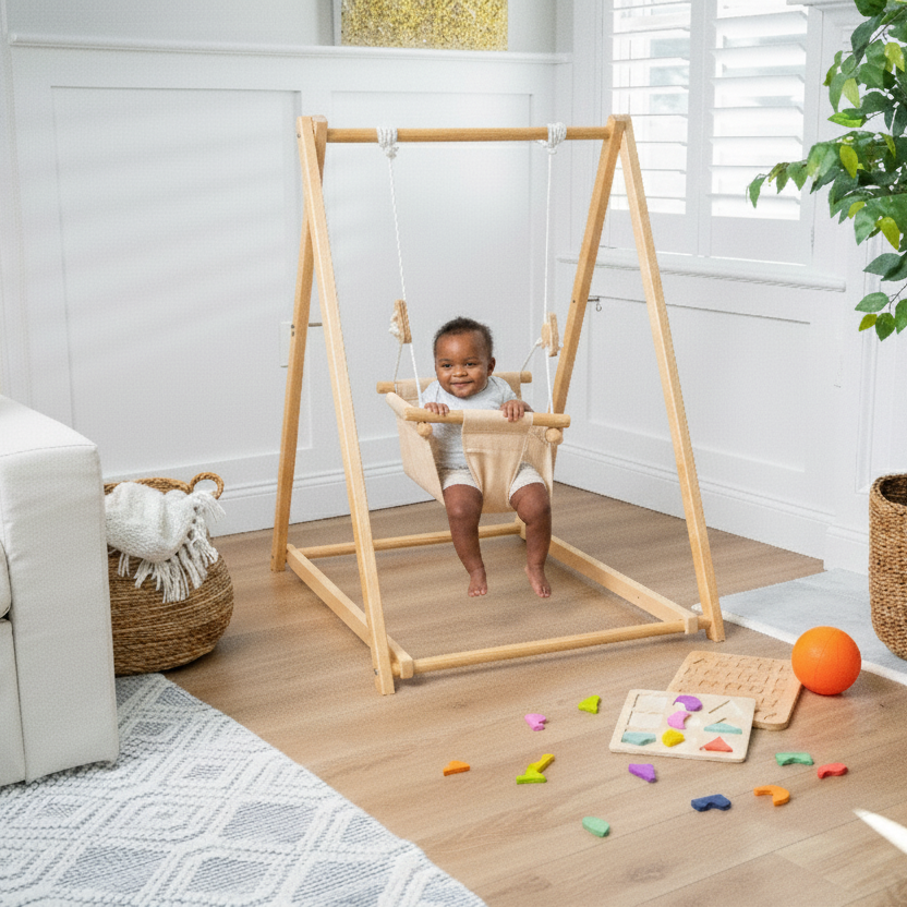 Foldable gray baby swing by Spruce, perfect for indoor use.