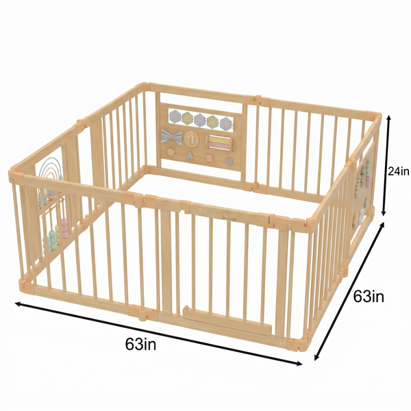 Wooden Baby Playpen with Sensory Activity Panels – 63" x 63" Square, Foldable Indoor Play Yard with Montessori Toys